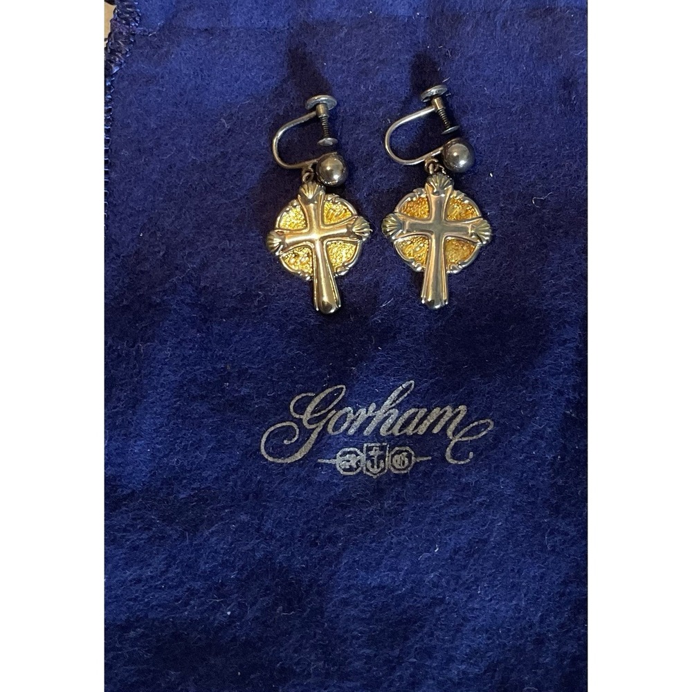 Vintage Gorham Sterling Silver Vermeil Cross Dangle Screw Clip Earrings
